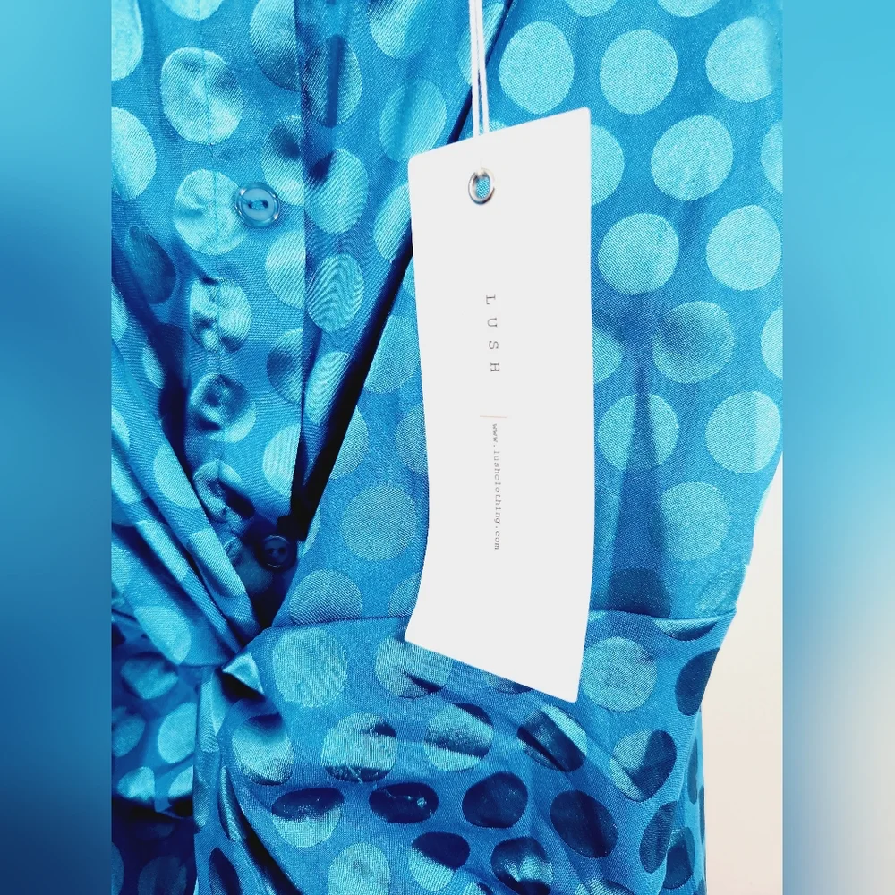 NWT LuLus Lush Celine Teal Blue Satin Polka Dot Twist-Front Mini Dress - Picture 9 of 10